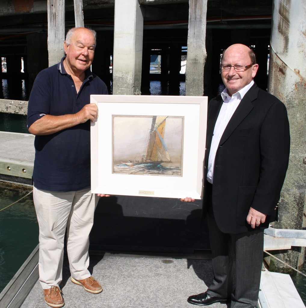 Classic Yacht Charitable Trust Chairman, John Street (left) presents The Lion Foundation chairman, Mike Smith, with a print of David Barker’s painting of Waitangi<br />
<br />
 © SW
